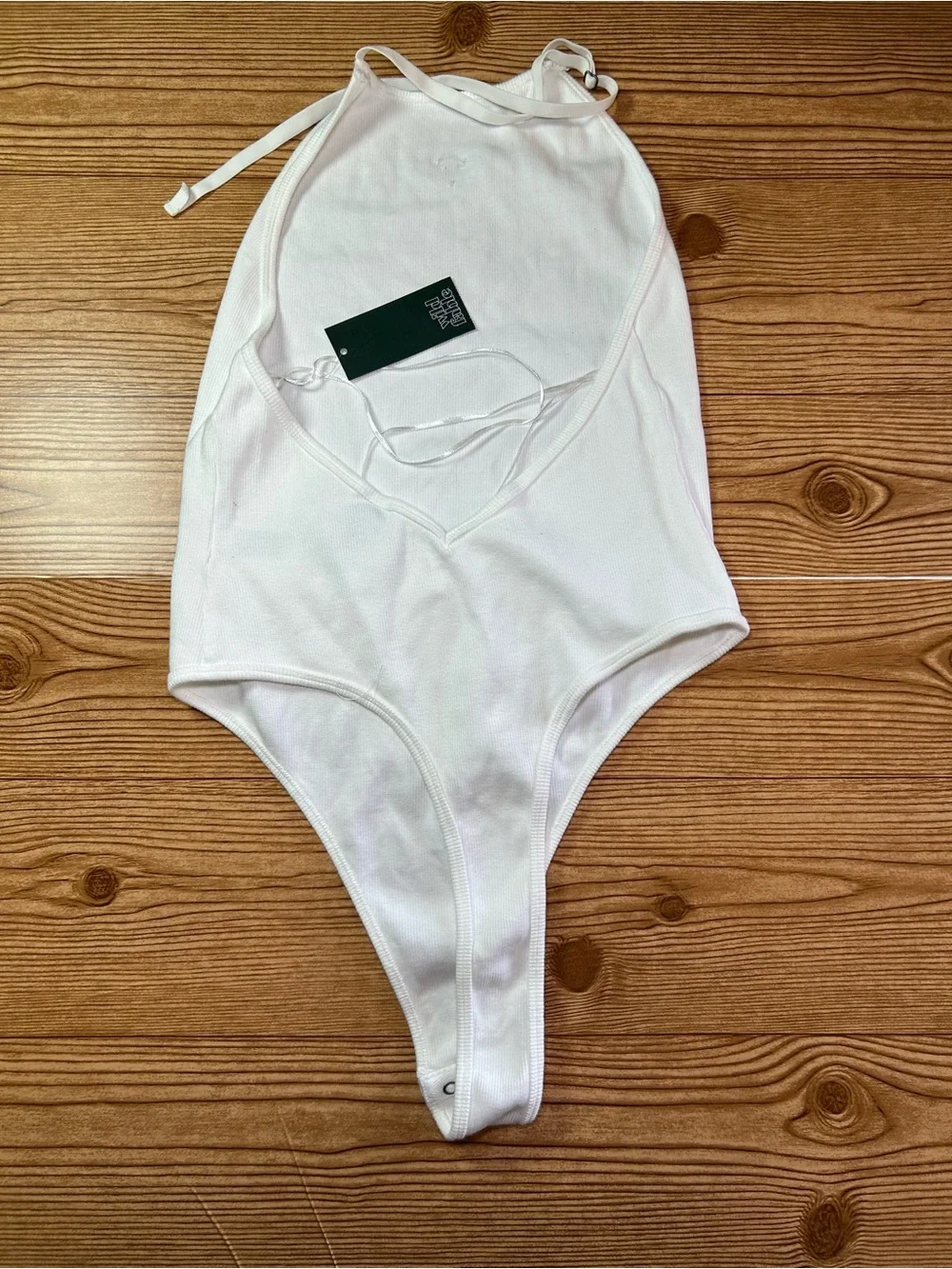 Women’s White Halter Neck Ribbed One-Piece Bodysuit Snap Crotch Logo Strap
